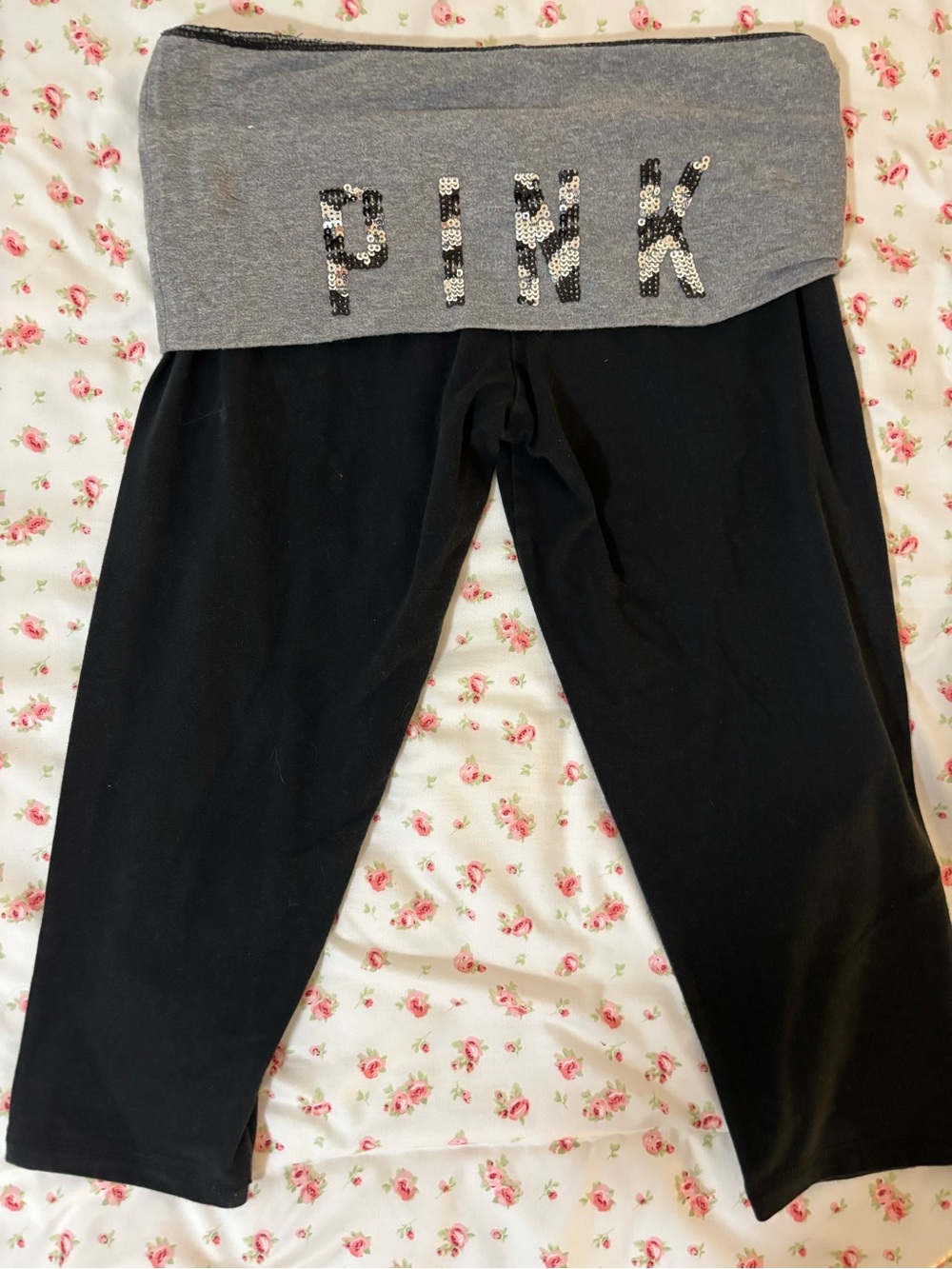 PINK Victoria's Secret Black Leggings with Gray Fold-Over Sequin Logo Waistband